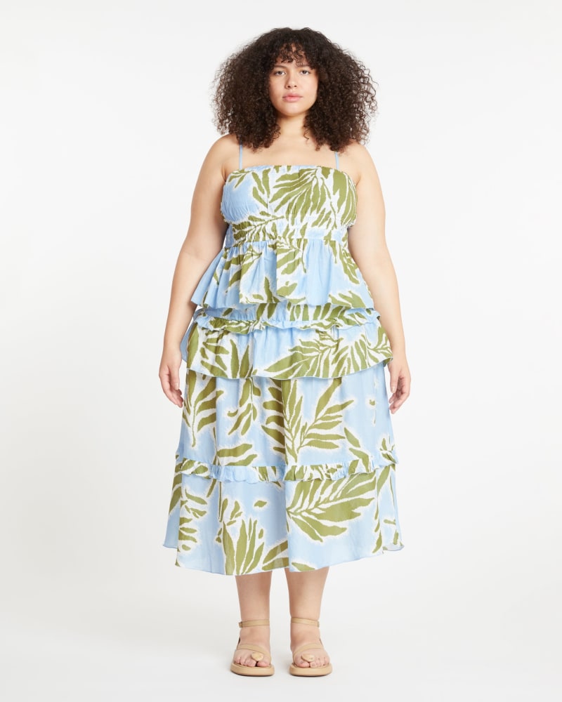 Front of a model wearing a size 2X Polina Top in HORIZON BLUE MULTI by Tanya Taylor. | dia_product_style_image_id:280319